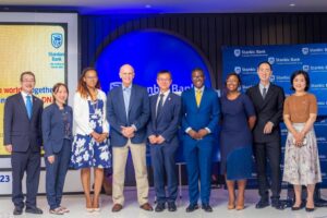 Stanbic Bank Board Chairman, Gregory Sebborn (fourth from left), Chief Executive, Solomon Nyanhongo (fourth from right), non-executive board member, Nellie Tiyago-Jinjika (third from left) and representatives from Standard Bank Group and ICBC in a group photo at the China Stanbic day business conference.