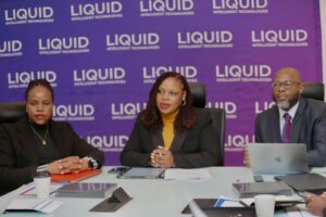 Lorreta Songola (centre) flanked by Liquid Zimbabwe staff during a media familiarisation tour meant to enlighten media on Liquid operations
